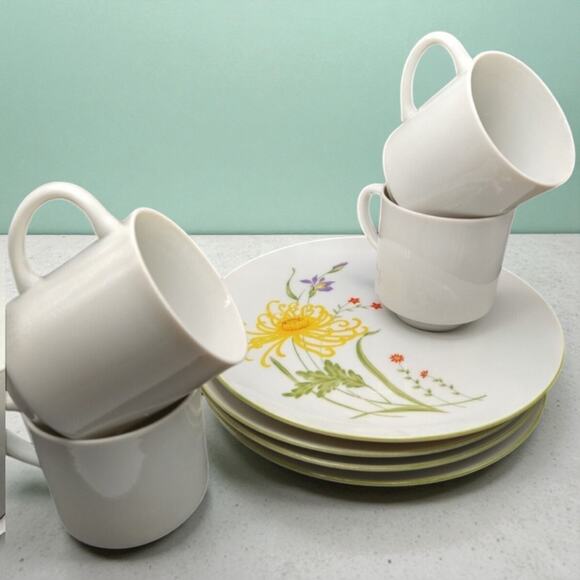 VTG Japan Snack Plate & Cup Set of 4 Yellow Chrysanthemum Floral MCM - Picture 4 of 8